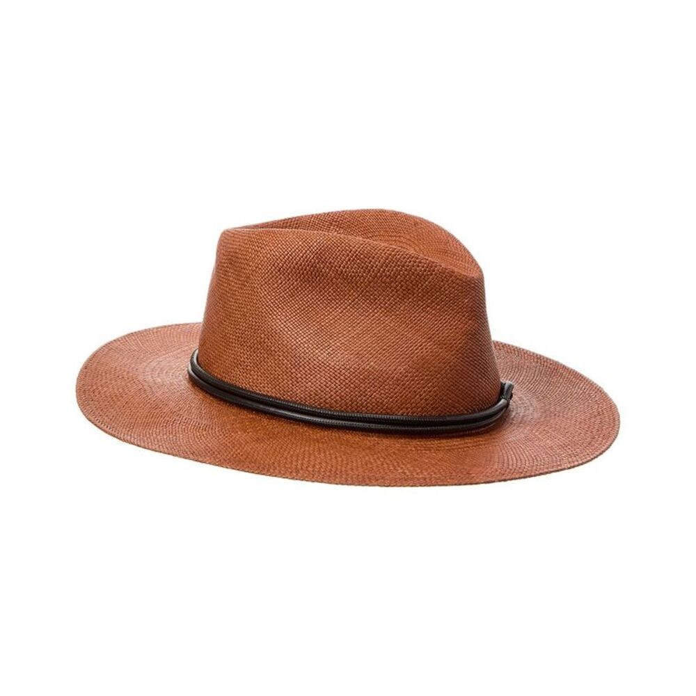 Brunello Cucinelli Leather-Trim Straw Hat, Brown